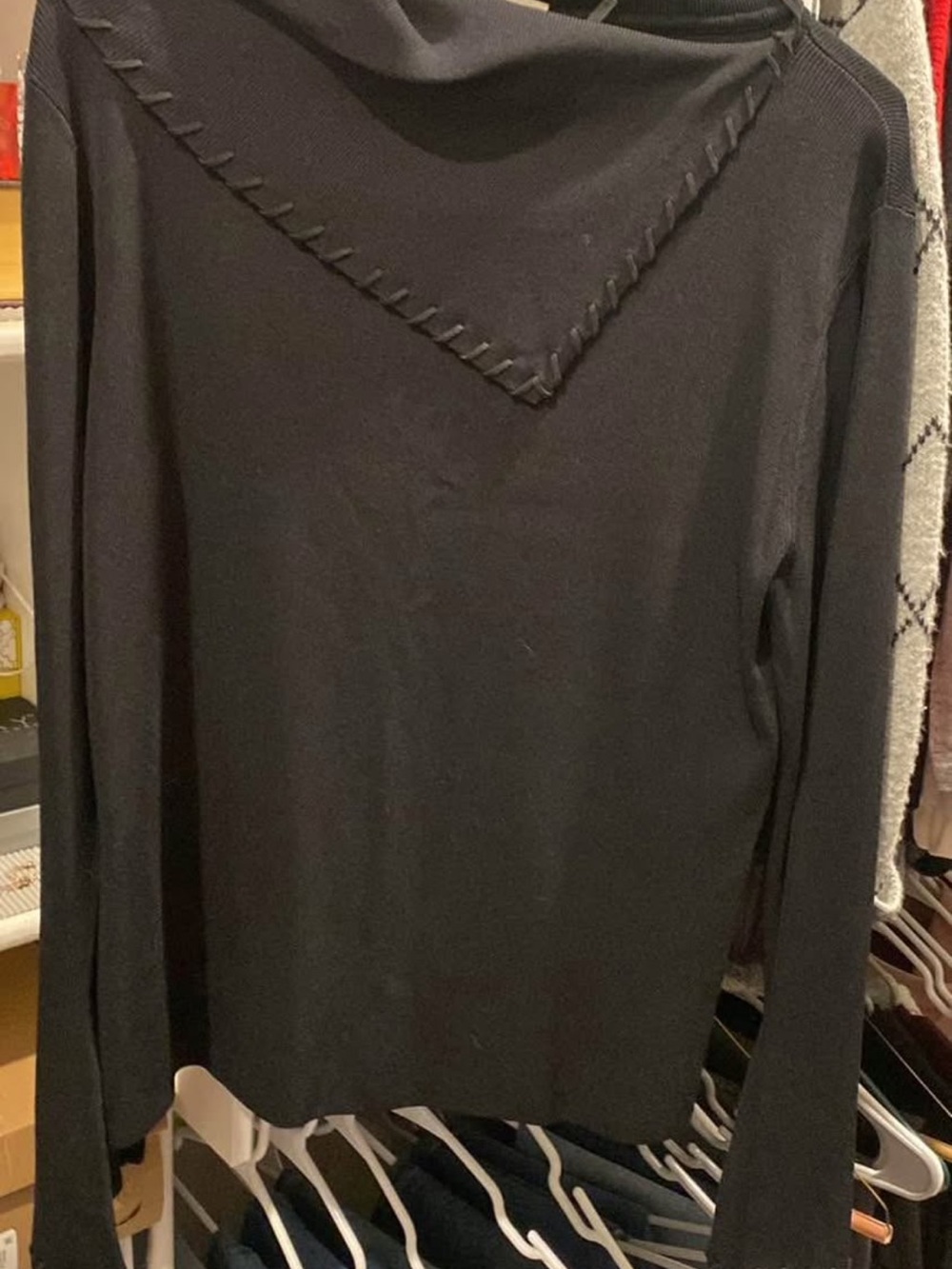 Womens Black Long-Sleeve Knit Sweater with V-Stitch Detail